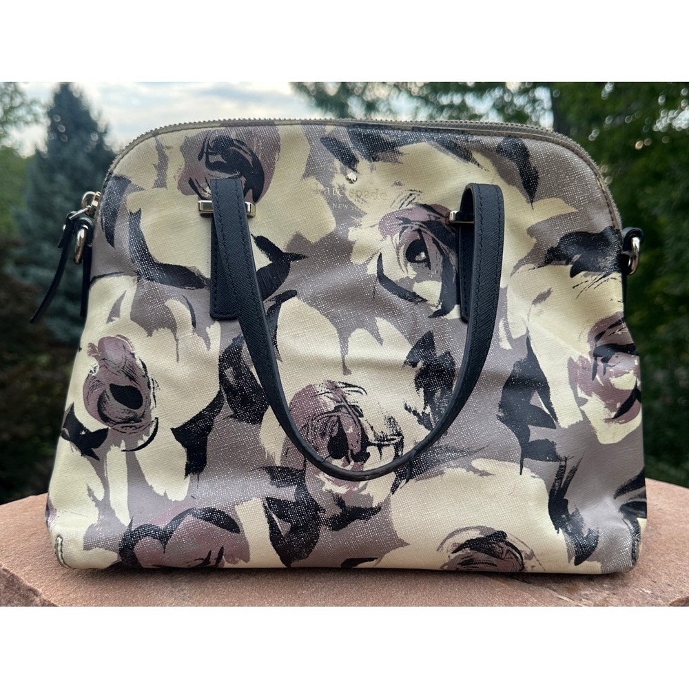 Kate Spade New York Floral Satchel Bag Cream Grey Black Dome Handbag